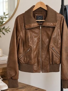 Brown Faux Leather Bomber Jacket